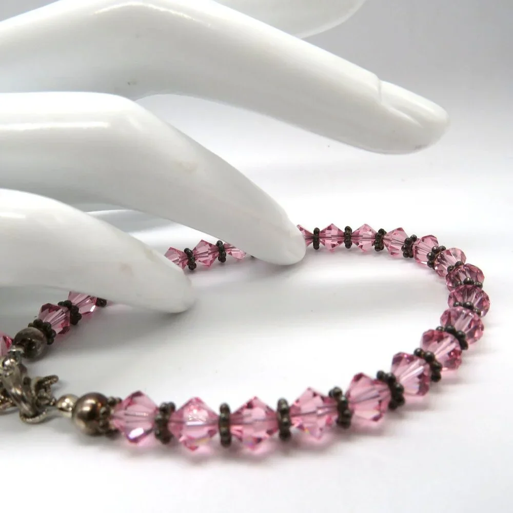 Vintage Pink Crystal Bead Bracelet Metal Spacer Beads‎ Extender